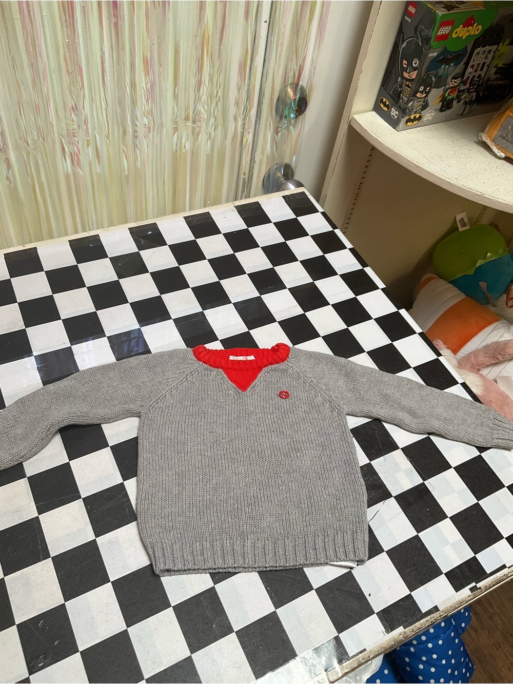 Gucci Gray V-Neck Sweater with Red Trim